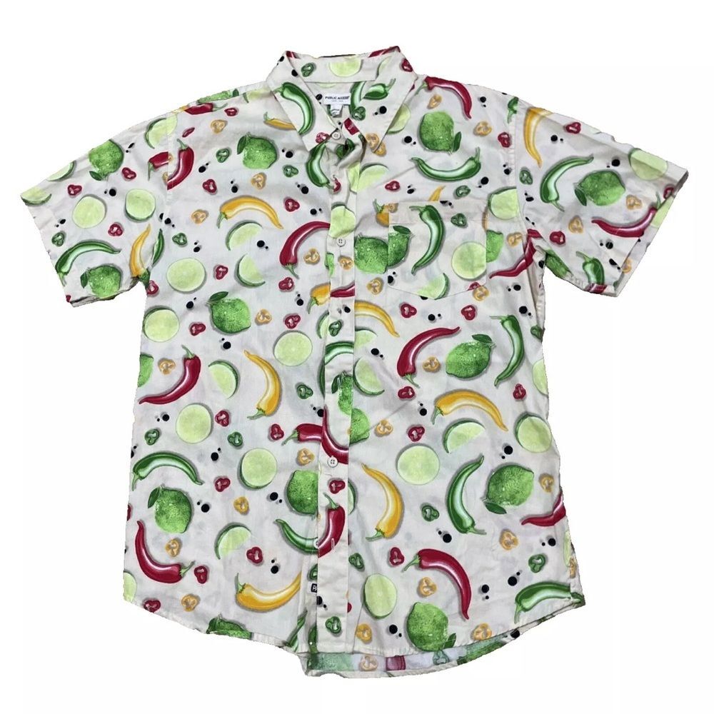 Public Access Jalapeno Lime Salsa Button Shirt Men M Tan Green Salsa Graphic M